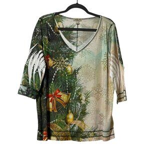 One World Size 2X Christmas Graphic V-Neck Top With Snowflakes & Bells Print